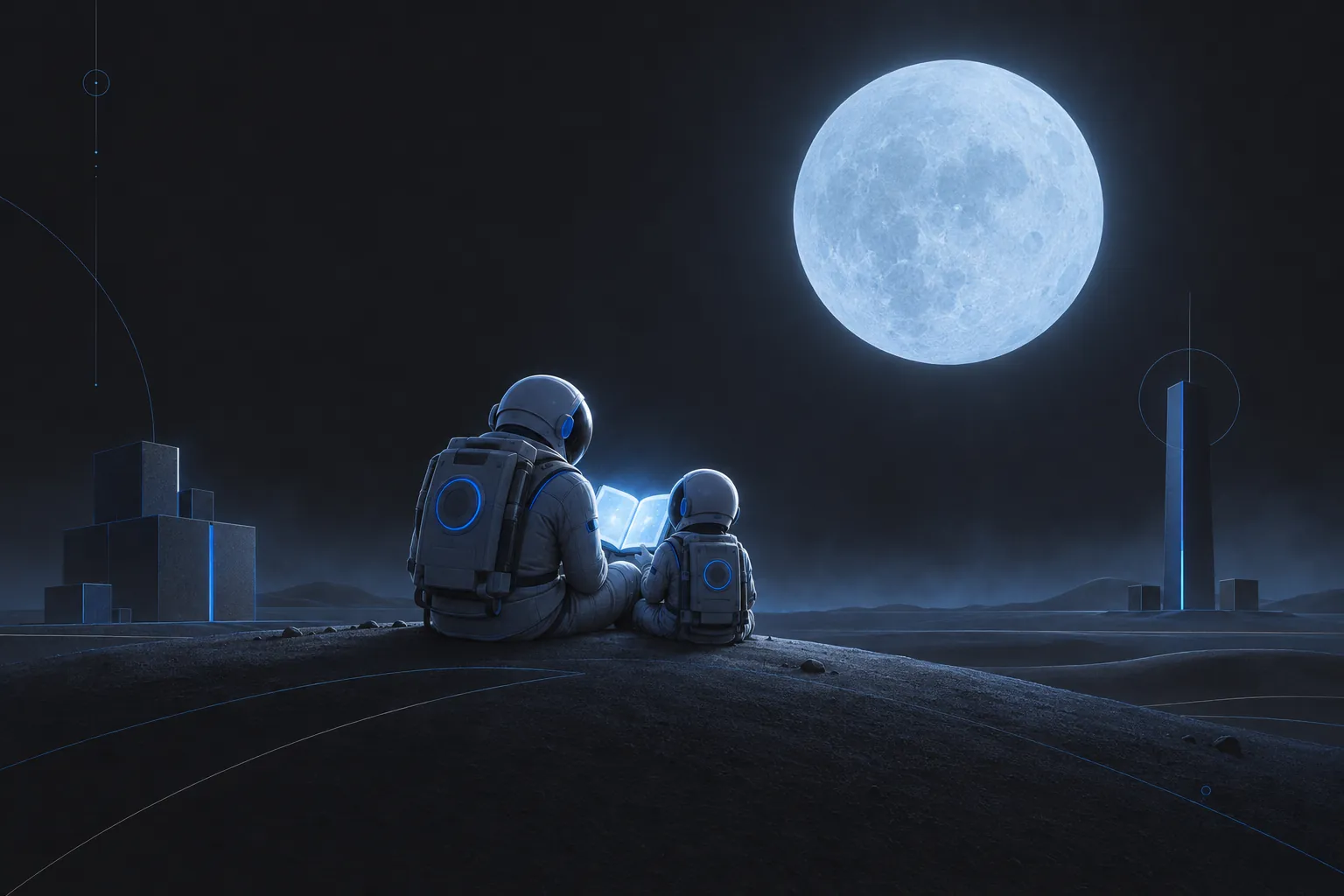 Azure illustration of a small astronaut floating beside a crescent moon with sound waves drifting like a lullaby