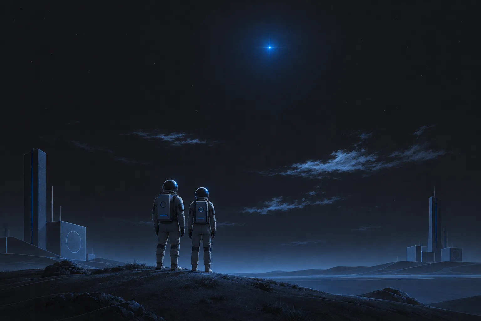 Azure illustration of two astronauts on a hill at night looking up at a single newly lit star
