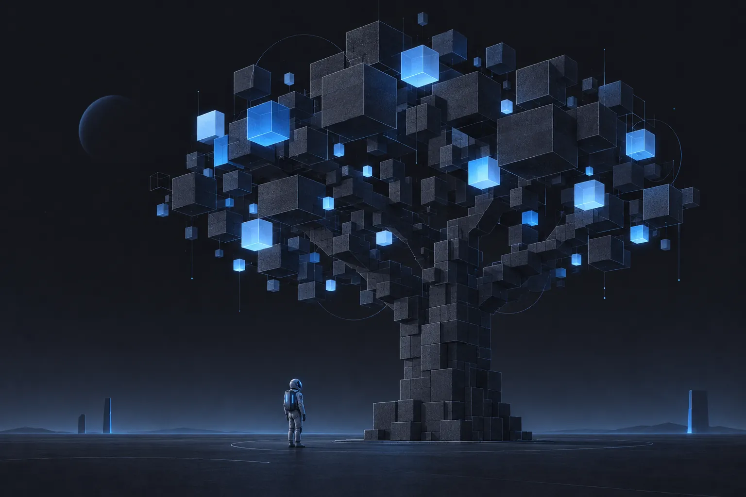 Azure illustration of an astronaut planting a small oak tree on the surface of a quiet planet