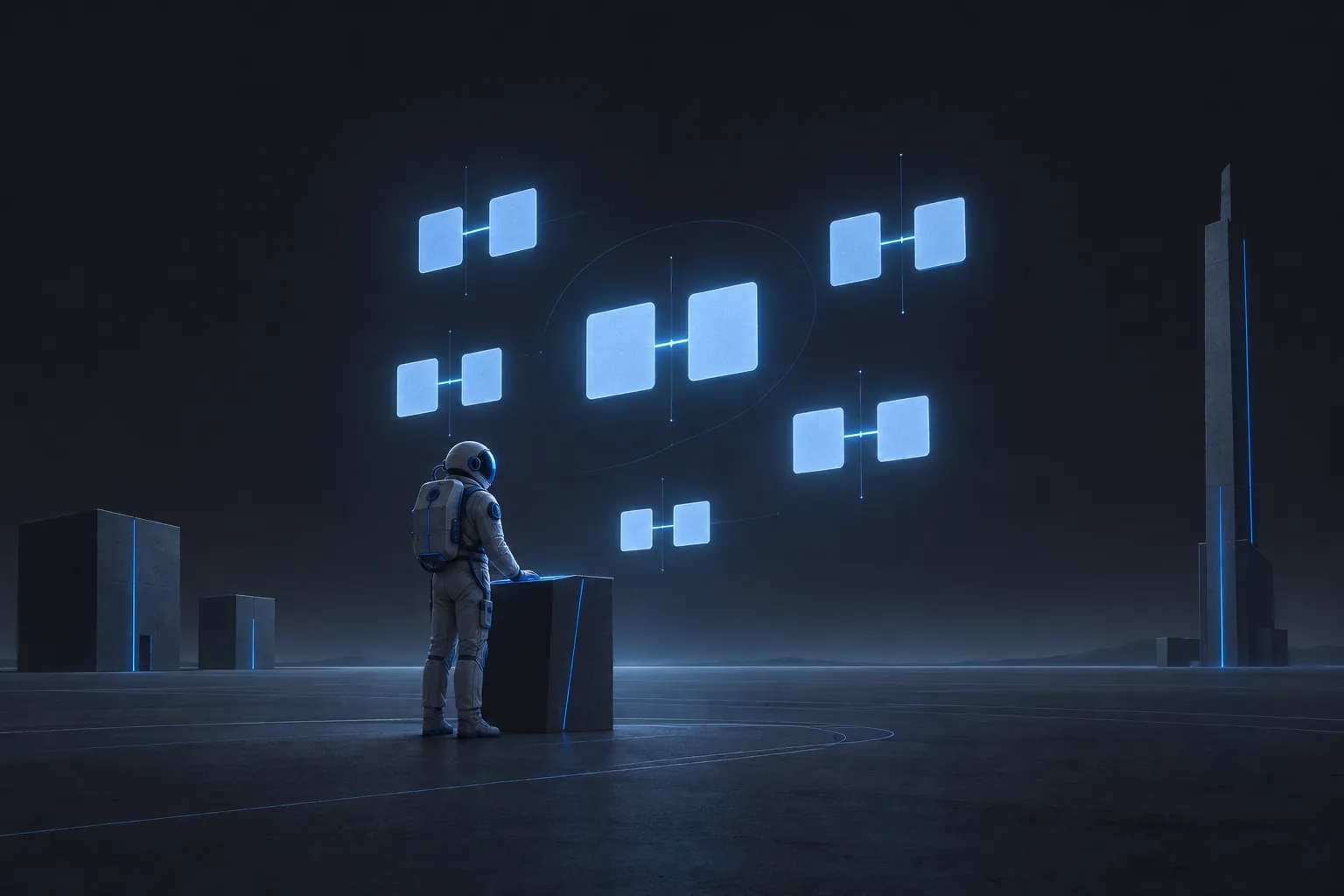 Azure illustration of an astronaut connecting constellations of profile cards into a single map
