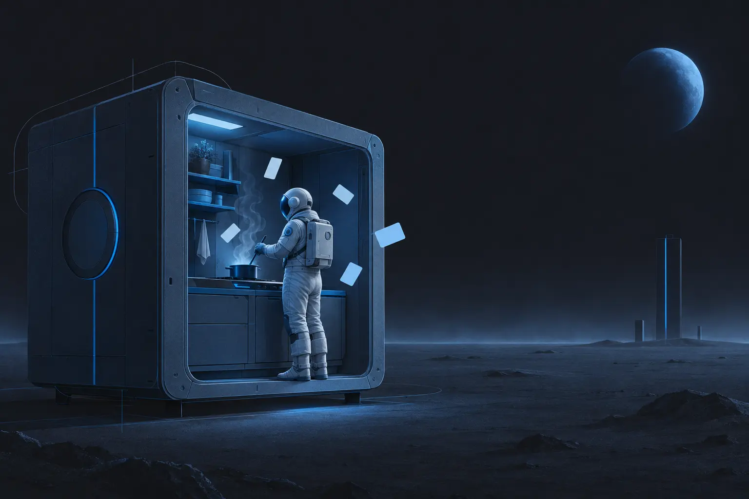 Azure illustration of an astronaut stirring a pot in a warm kitchen module with recipe cards floating around