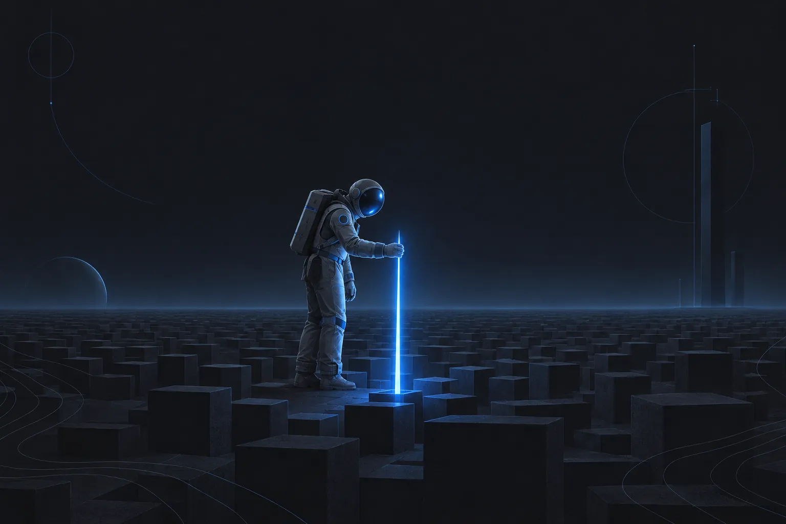 Azure illustration of an astronaut holding up the one bright needle found in a drifting field of particles