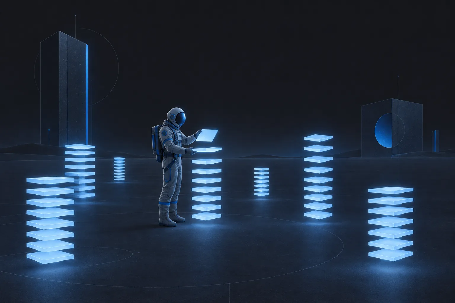 Azure illustration of an astronaut sorting floating blank photo frames on a light table in zero gravity