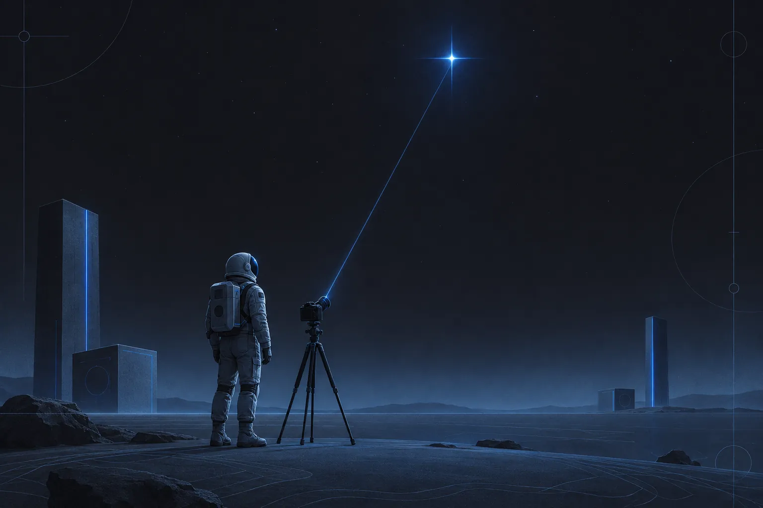 Azure illustration of an astronaut lining up a mirrorless camera under a single four-point guiding star