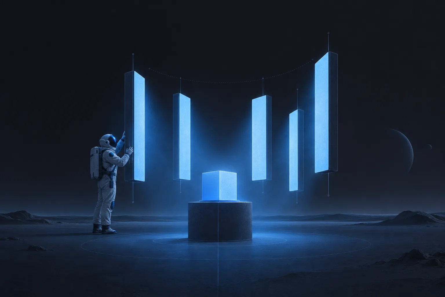 Azure illustration of an astronaut holding two blank frames side by side, one dim and one glowing