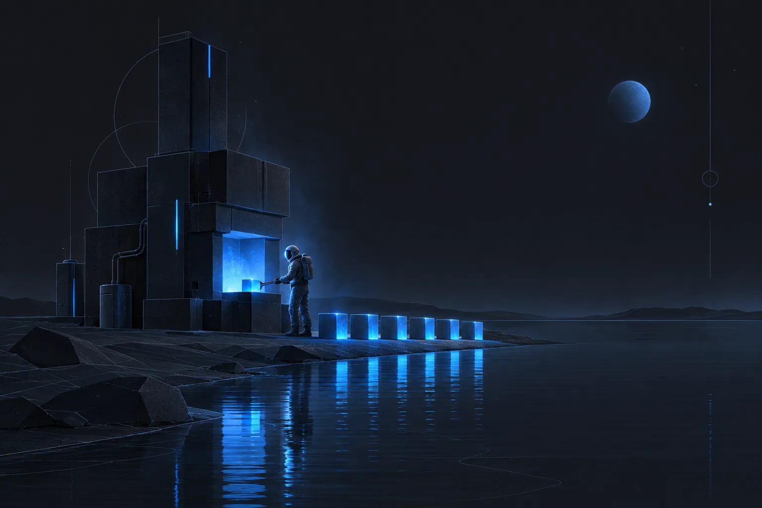 Azure illustration of a dark monolith on a lake shore with an astronaut's orbit tracing around it