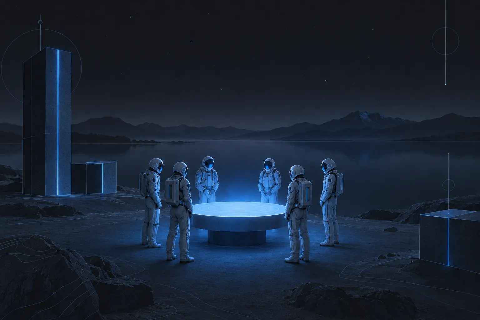 Azure illustration of a ring of astronauts meeting around a small glowing table above Lake Geneva at night