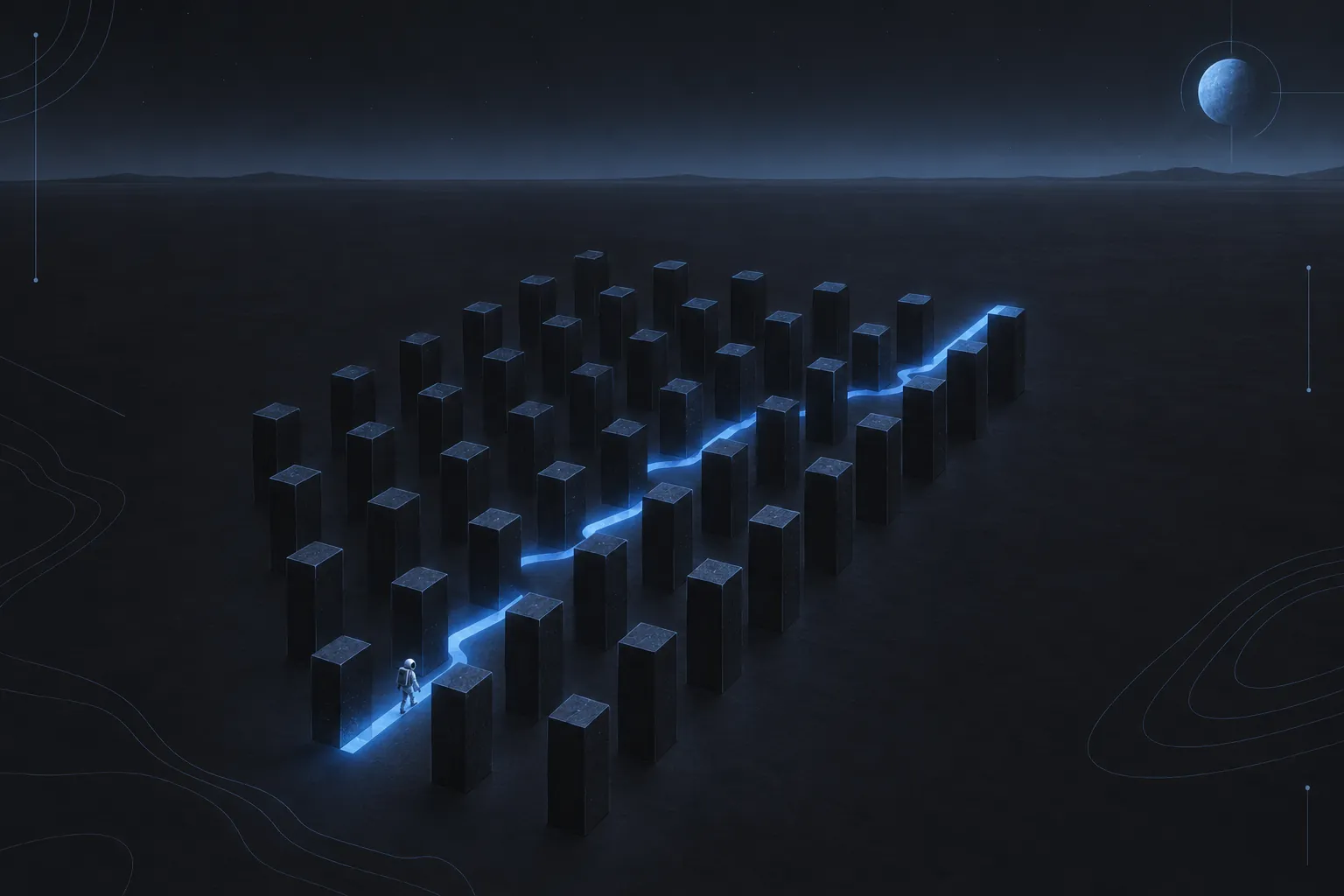 Azure illustration of an astronaut standing on a precise grid of lines beside the number 77
