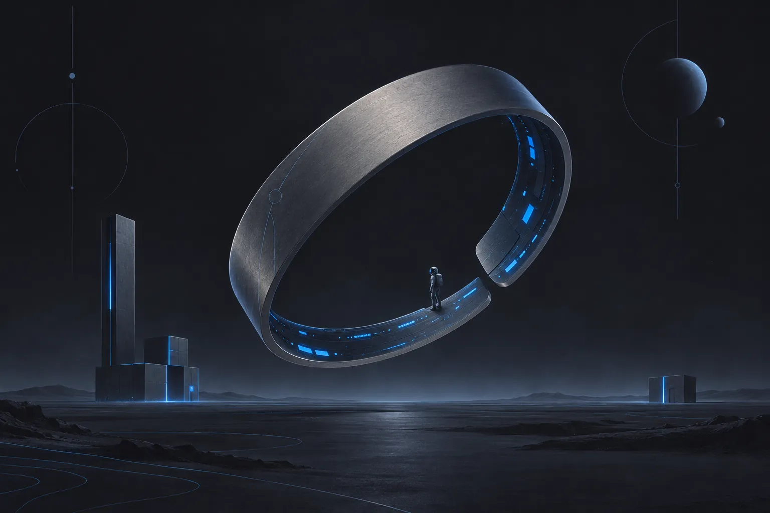 Azure illustration of an astronaut's gloved wrist wearing a slim metal cuff, a small bird of light resting on it